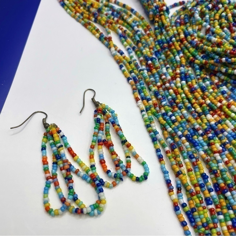 African Jewelry LOOONG Necklace Earrings Artisan Kenyan Set Rainbow Beaded RARE! - Picture 4 of 8